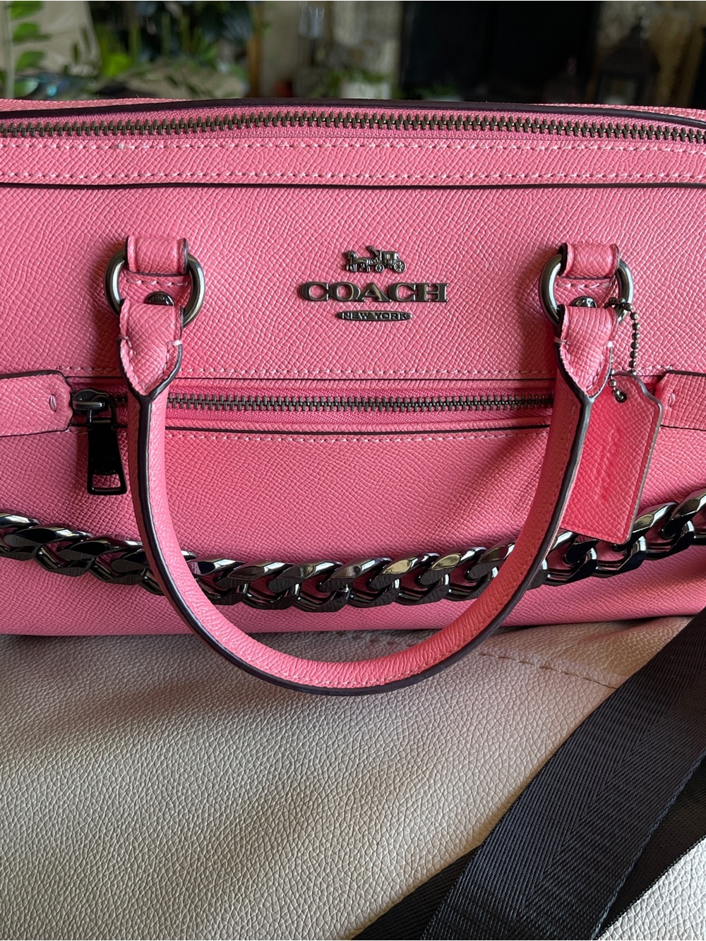 COACH Pink Saffiano Leather Satchel with Chain Detail - Picture 10 of 10